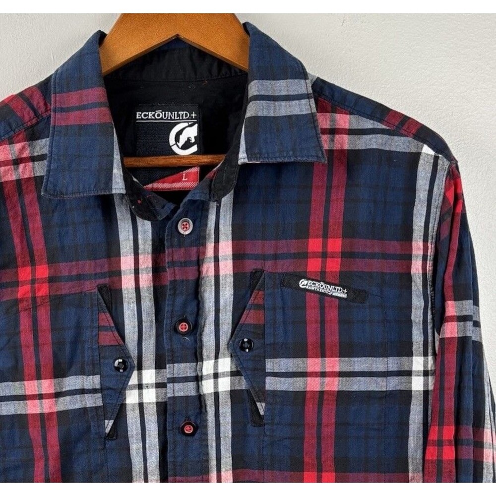Ecko Unltd Shirt Men L Blue Red Plaid Button Snap Pockets  #93536 Rawthentic